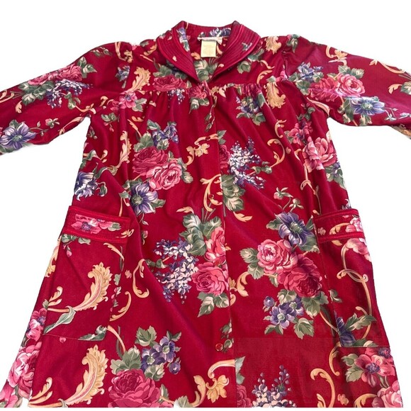 VTG Lady Manhattan CRANBERRY Floral Long Sleeve Snap Down Robe Sz Large - Picture 3 of 5
